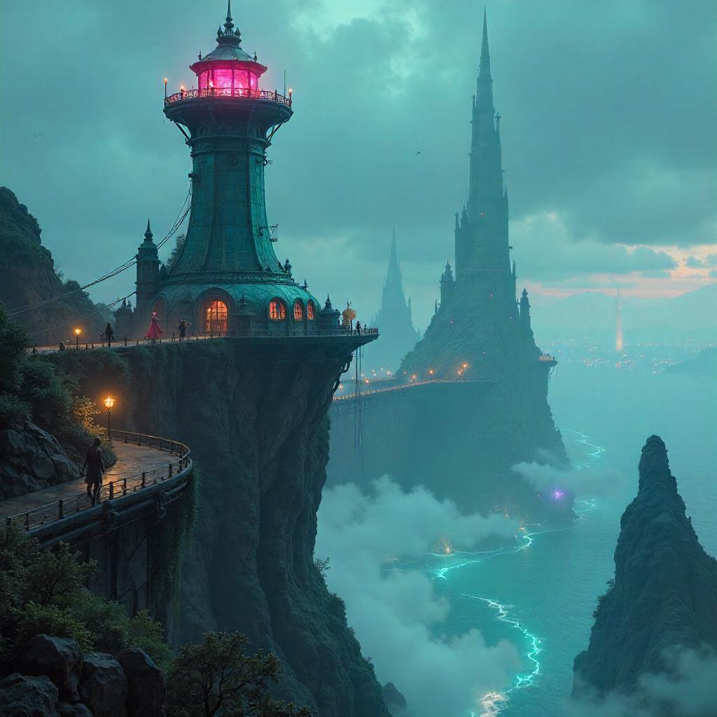 Neon Lighthouse Over the Elven City