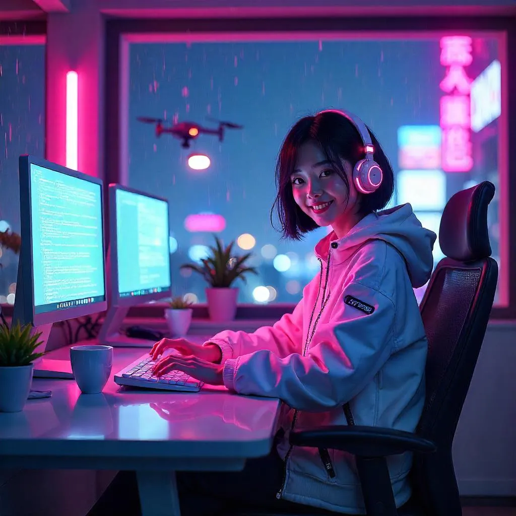 Cheerful Asian Girl in a Neon Cyberpunk Office