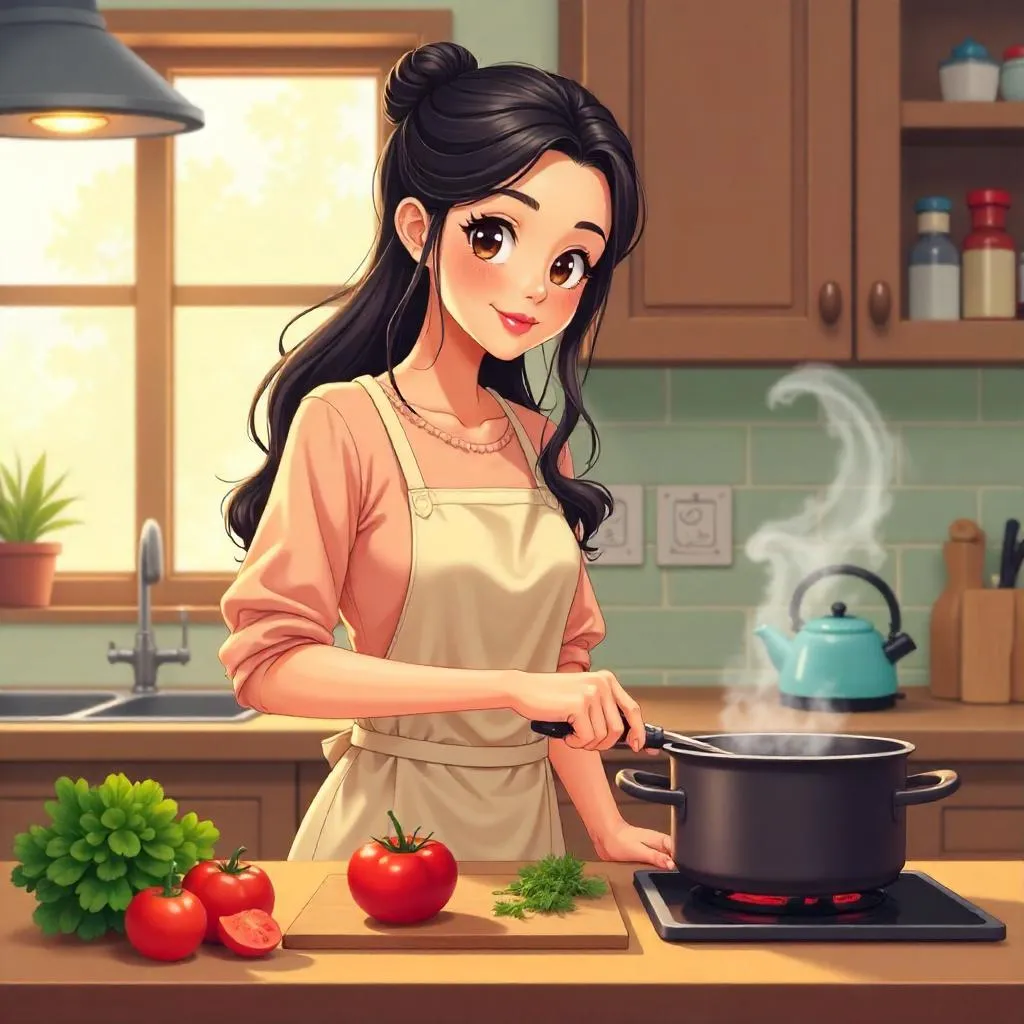 Anime-Style Middle Eastern Woman in a Cozy Kitchen