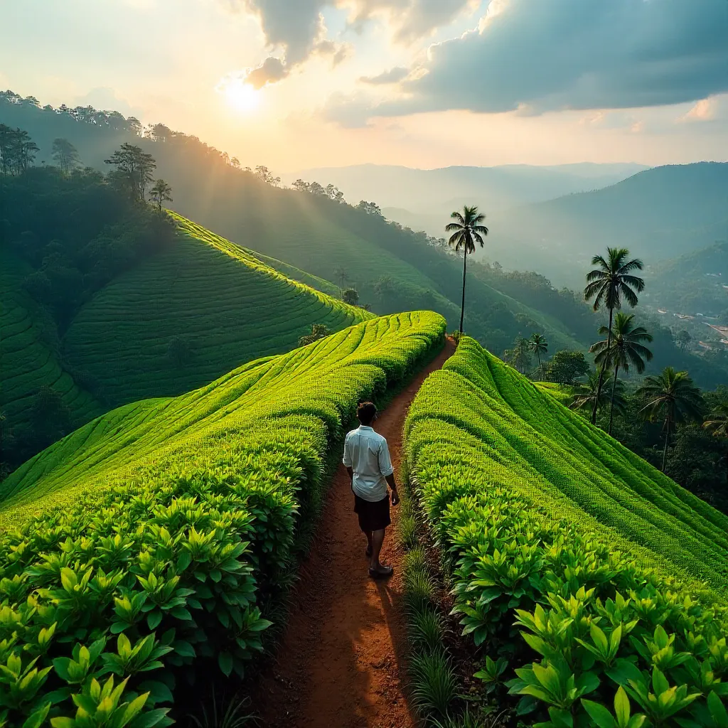 Aerial View of Kerala Tea Terraces with Lone Worker