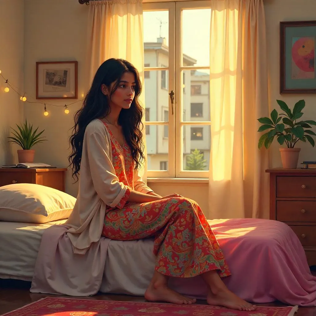 Digital portrait of a young Indian woman in a cozy bedroom