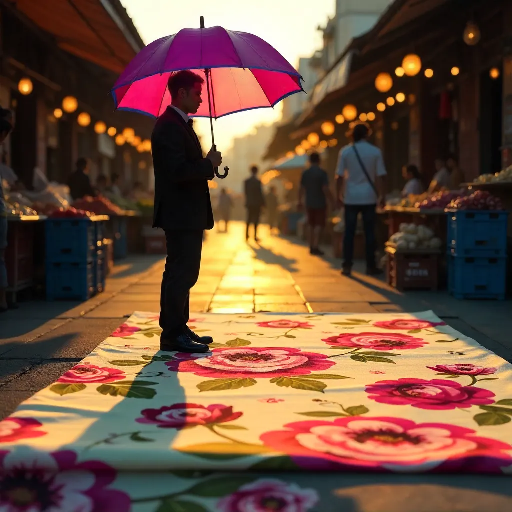 Silhouette Under a Vivid Market Umbrella