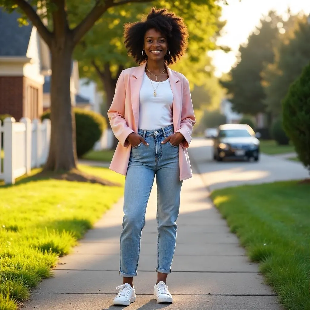 Stylish Black Woman in Suburban Golden Hour