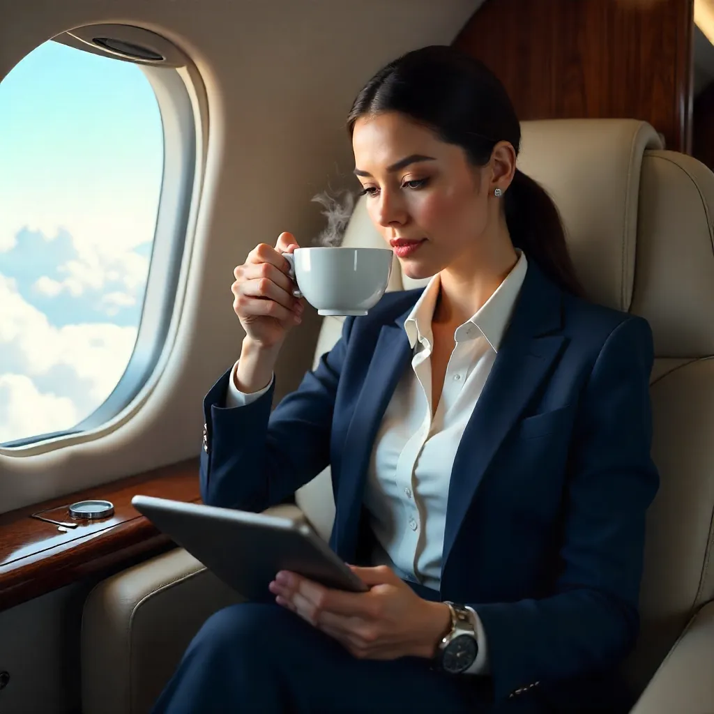 Businesswoman on Private Jet with Tablet and Coffee