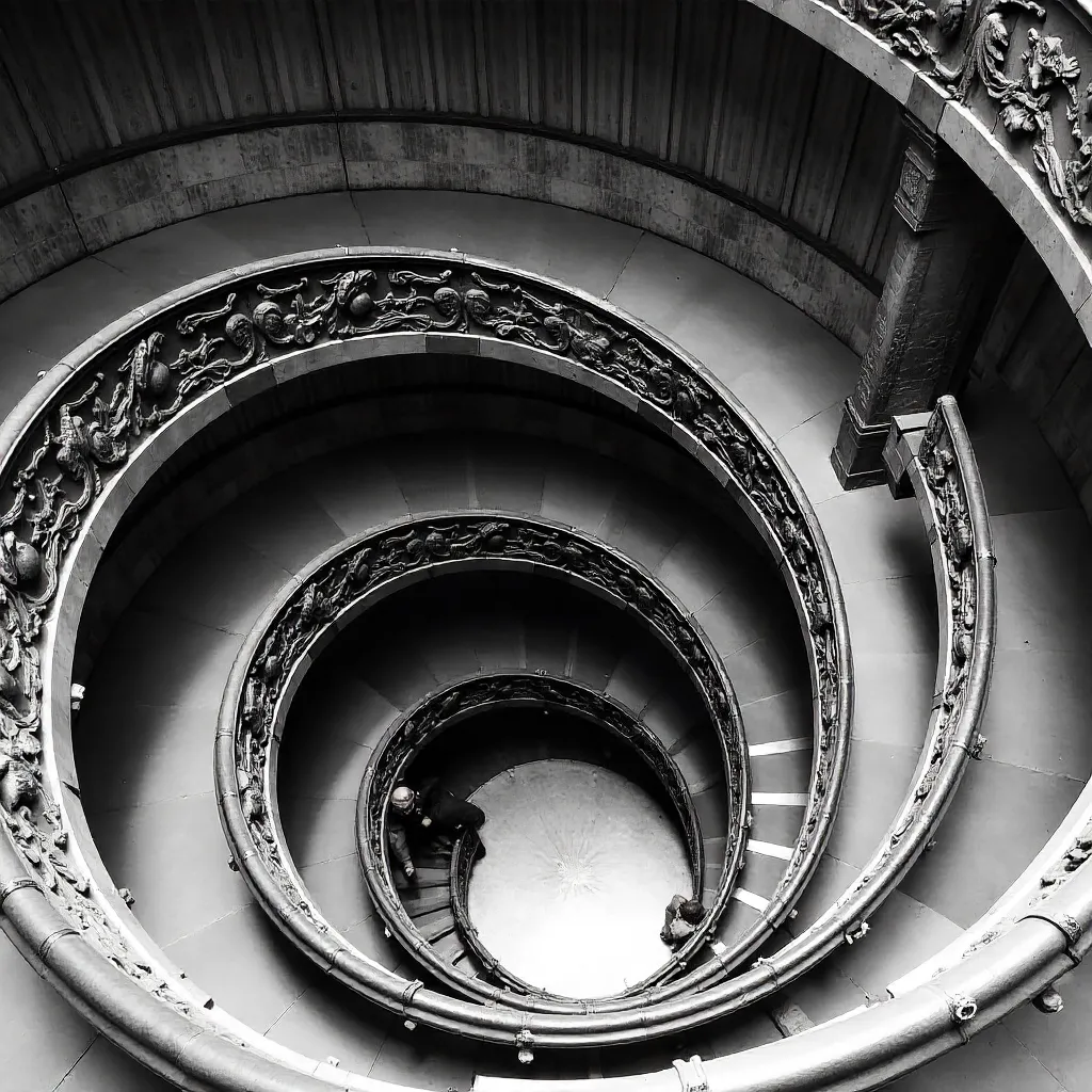 Aerial Black-and-White View of Vatican Museums Spiral Staircase