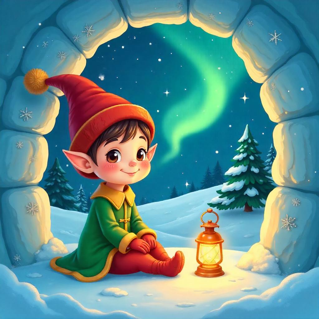 Whimsical Elf in a Snowy Igloo - Cartoon Style