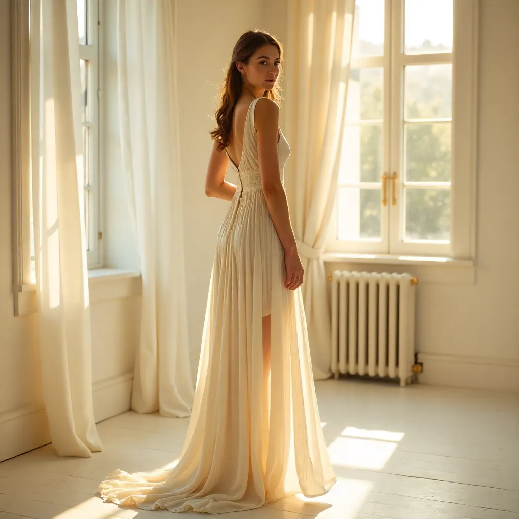 Graceful White Dress Portrait in Sunlit Studio