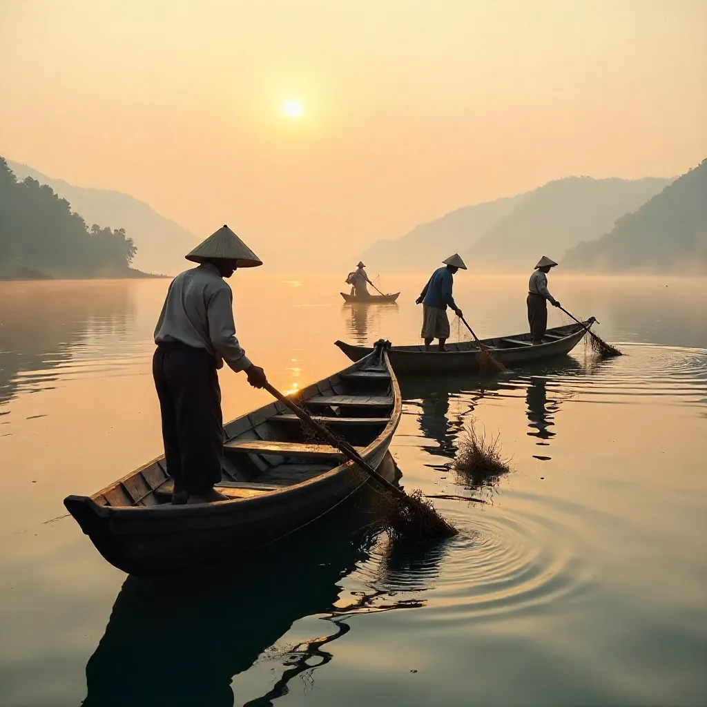 Golden Sunrise Fishermen on Shan Boats, Myanmar