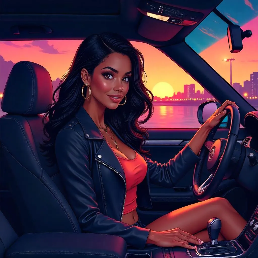 Confident Latina in a sleek car, anime style