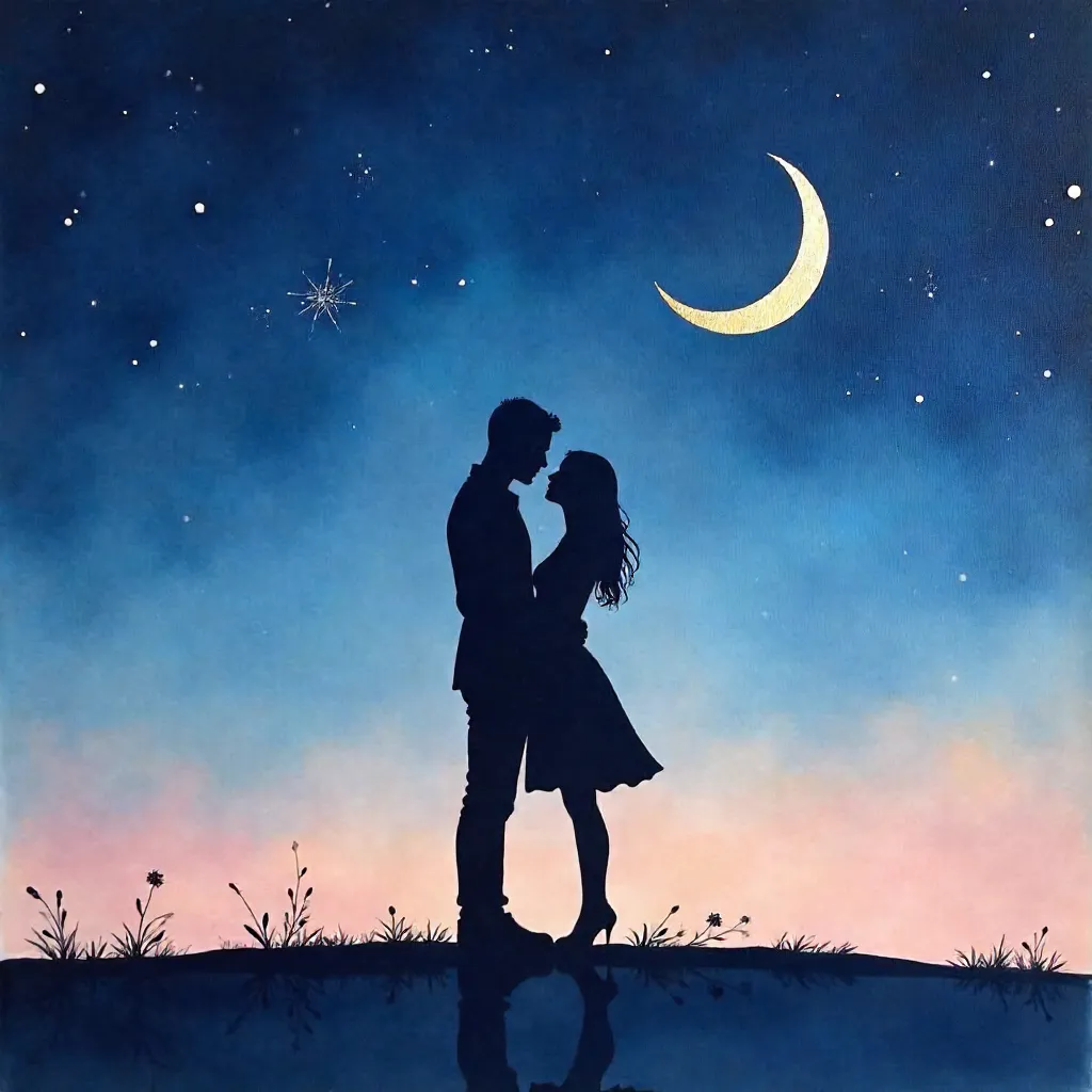 Silhouetted Lovers Under a Crescent Moon