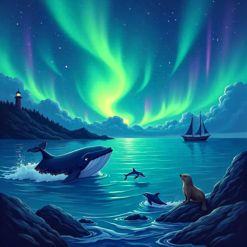 Aurora Over the Playful Cartoon Ocean