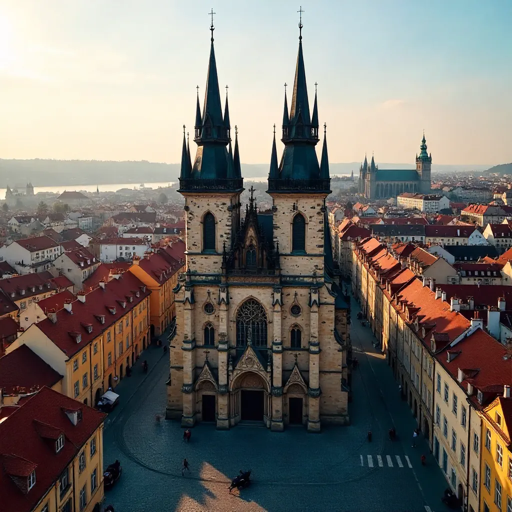 Aerial View of Týn Church over Prague's Old Town Square