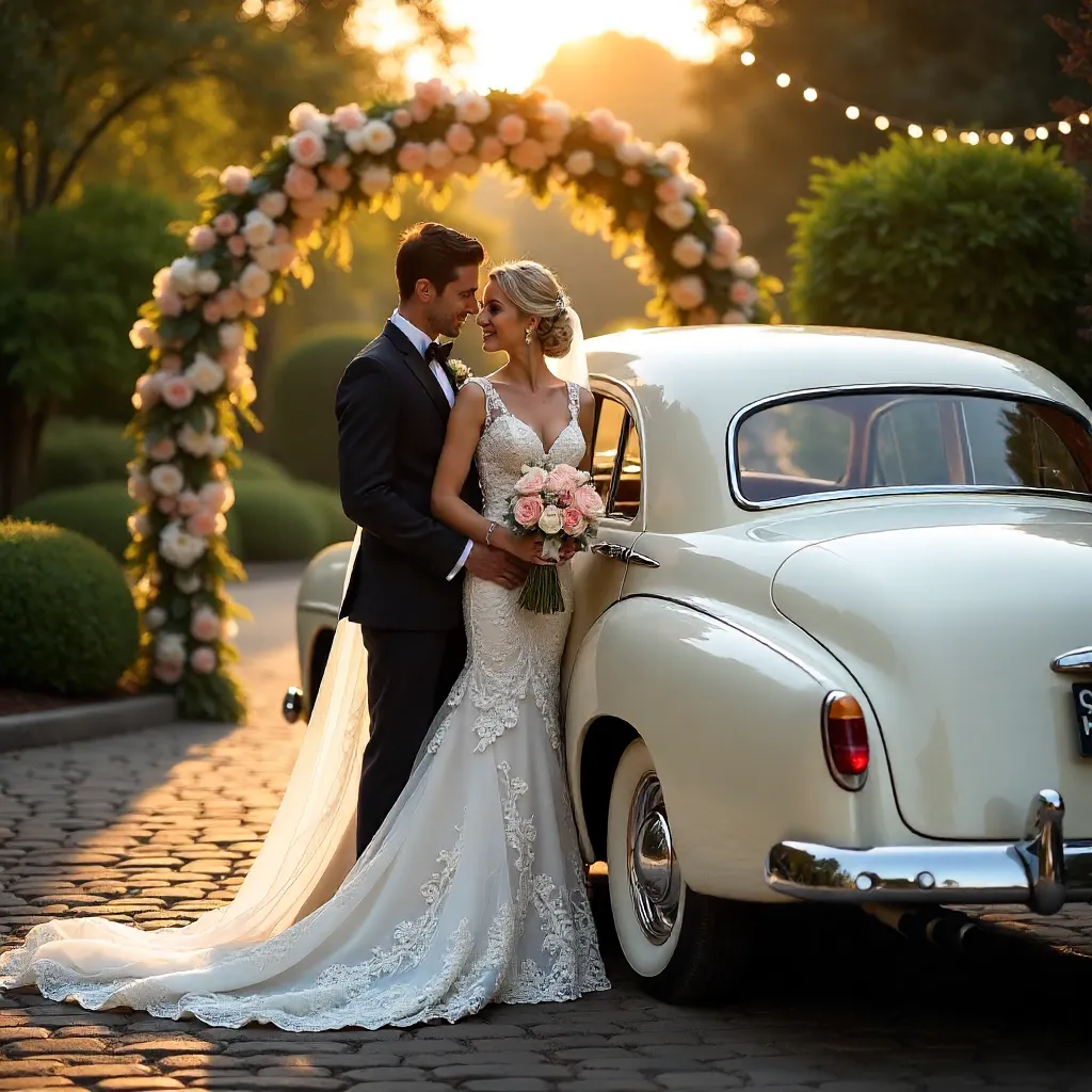 Romantic Bride and Groom with Classic Vintage Car