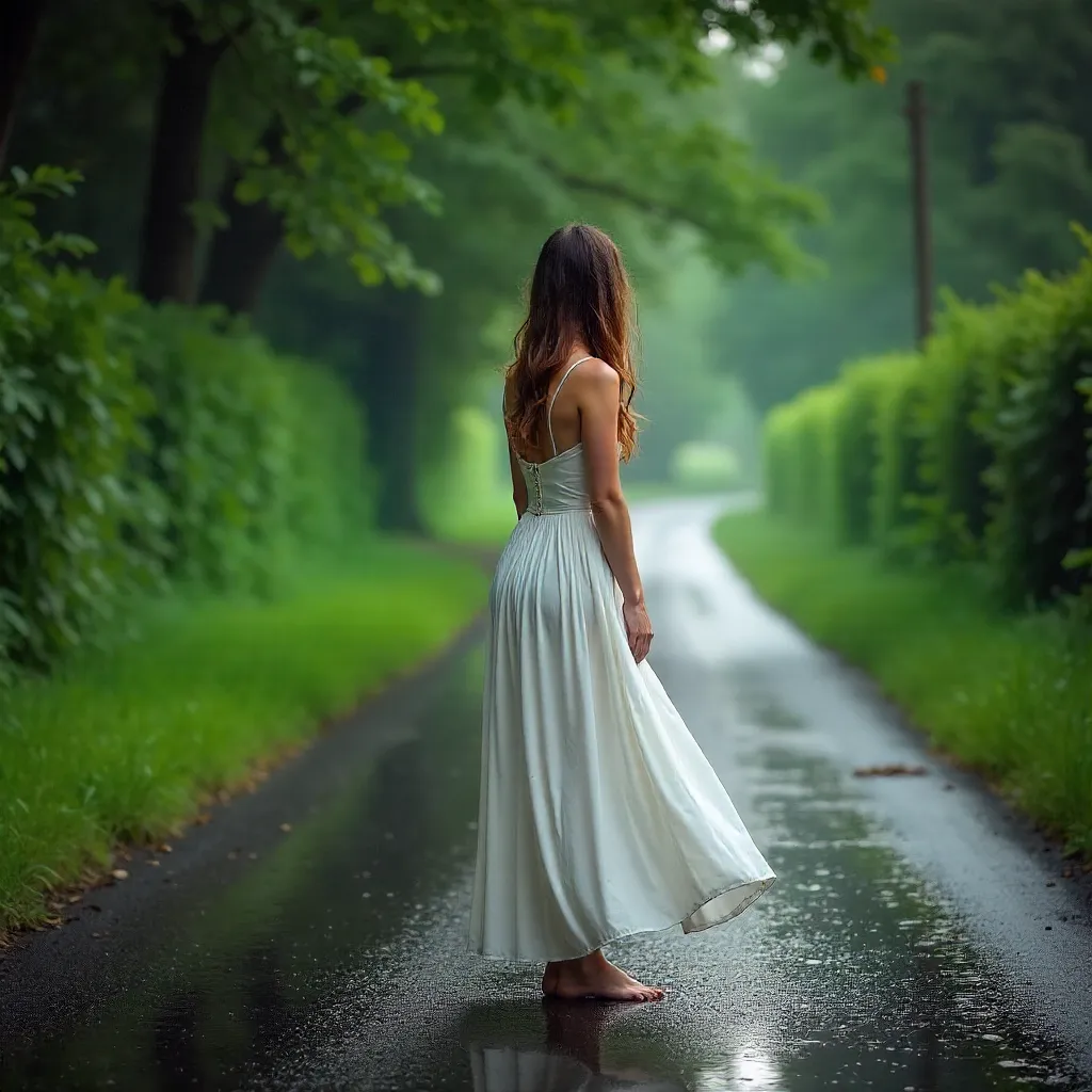 Young Woman in White Dress on a Wet Country Road