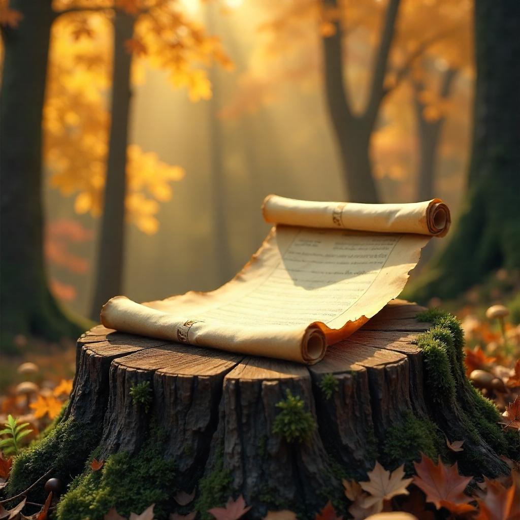 Ancient Scroll in Autumn Forest — 3D Render