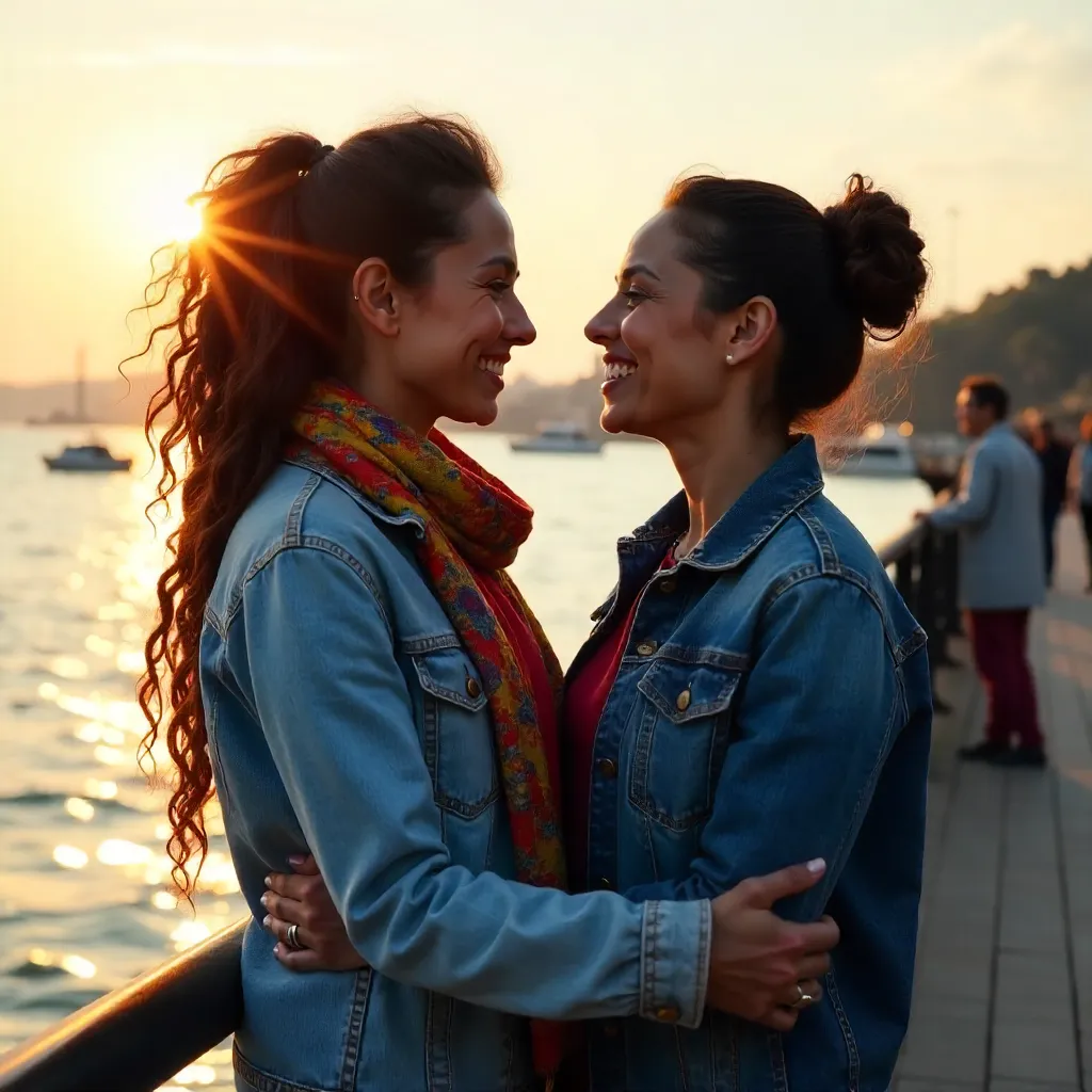 Two Women Embrace by the Waterfront: Diversity and Unity