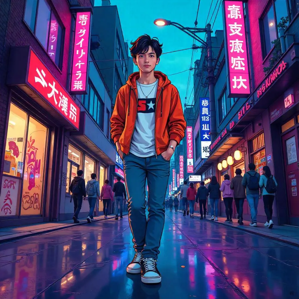 Neon Street Cartoon: Young Asian Man in Urban City