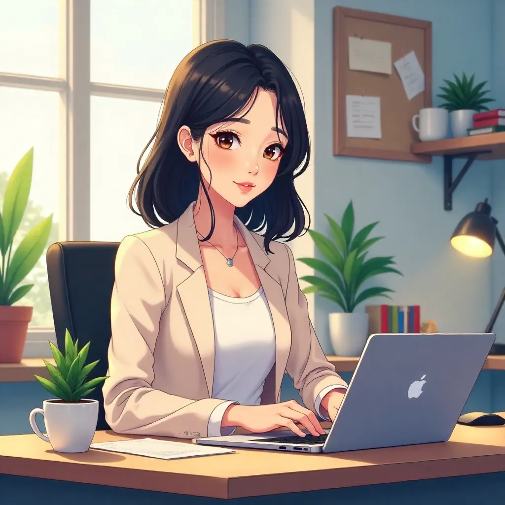 Anime-Style Young Asian Woman in a Modern Workspace