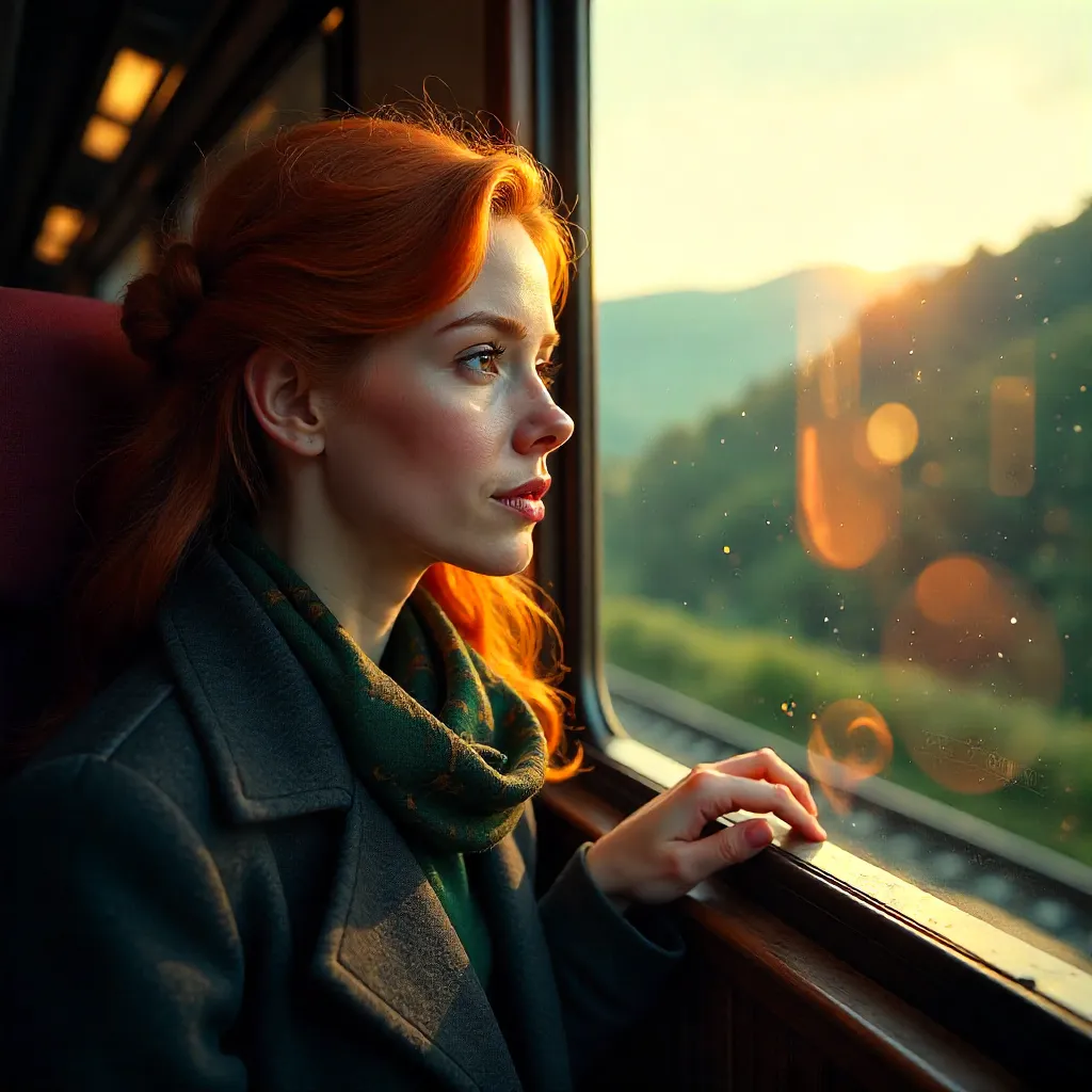 Red-haired Woman Gazing Out a Train Window