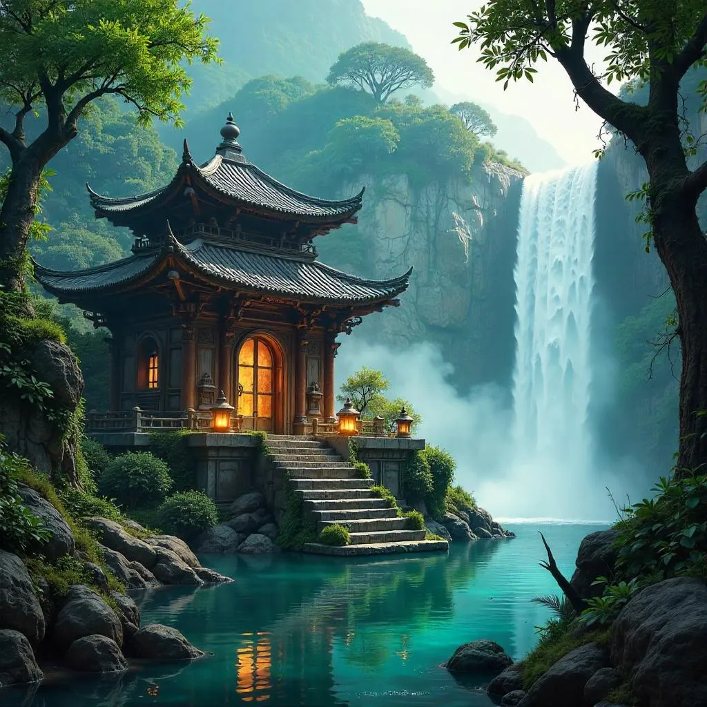Temple by the Misty Waterfall