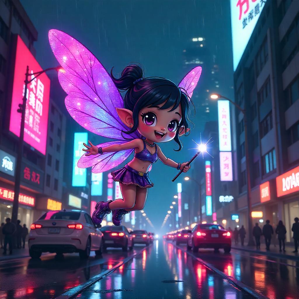 Neon Fairy Over a Cyberpunk City