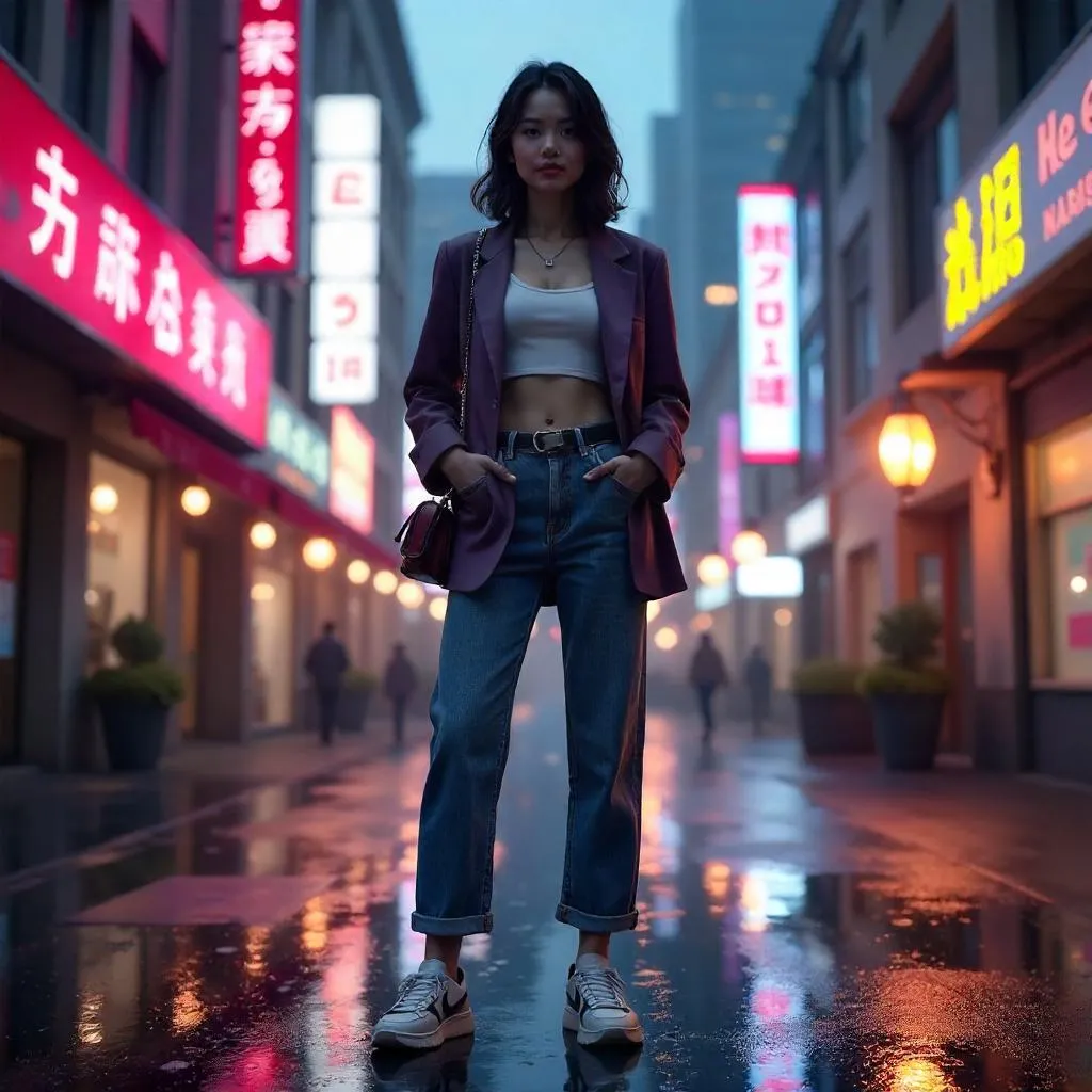 Stylish Asian Woman on Neon City Street - 3D Render