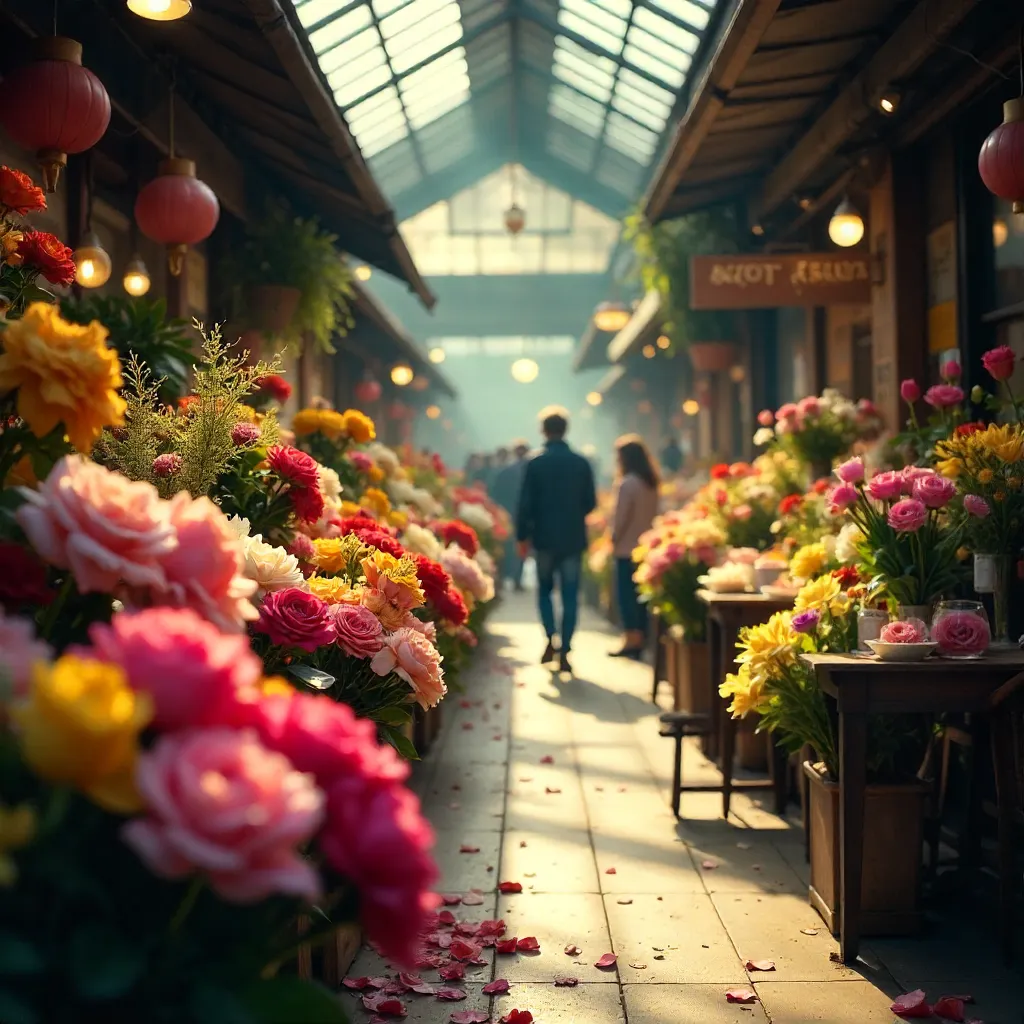 Atmospheric Indoor Flower Market with Motion Blur