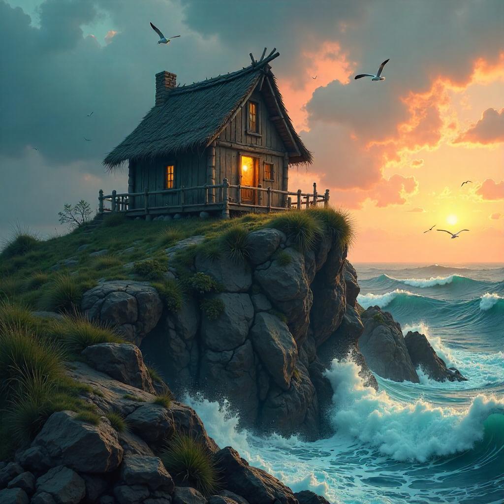 Seaside Hut on a Rugged Rocky Outcrop – Digital Art