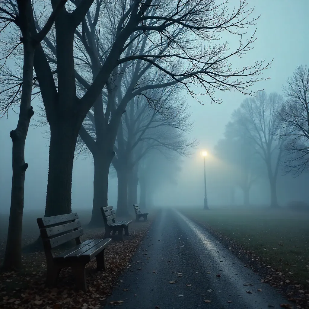 Fogbound Winter Park: Empty Benches and Bare Trees