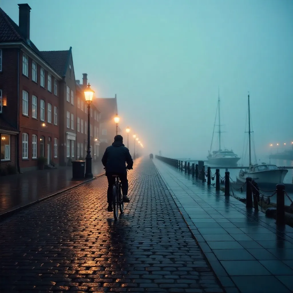 Mist over Aalborg: Lone Cyclist on a Quiet Square