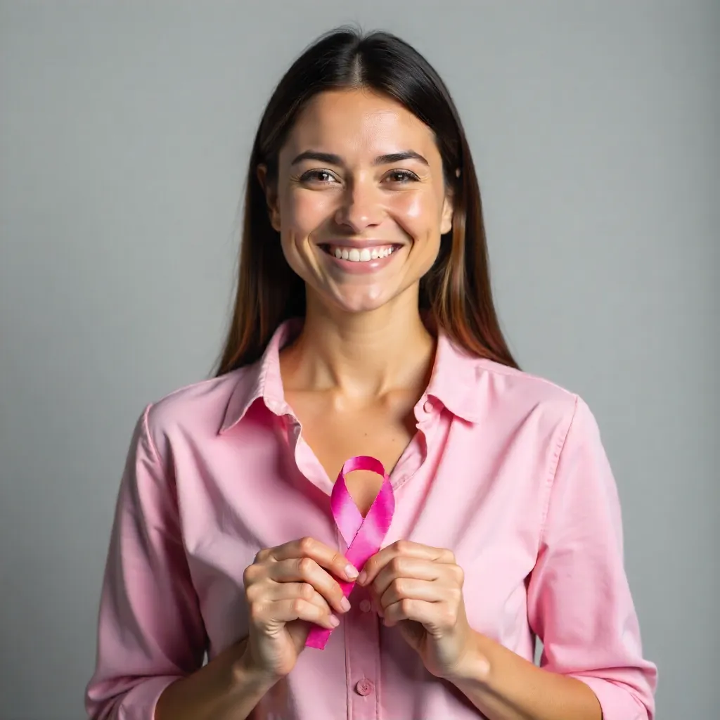 Smiling Woman with Pink Ribbon for Breast Cancer Awareness