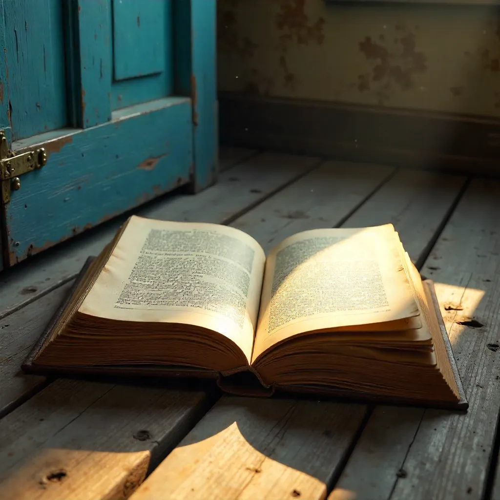 Open Vintage Book by a Weathered Blue Door
