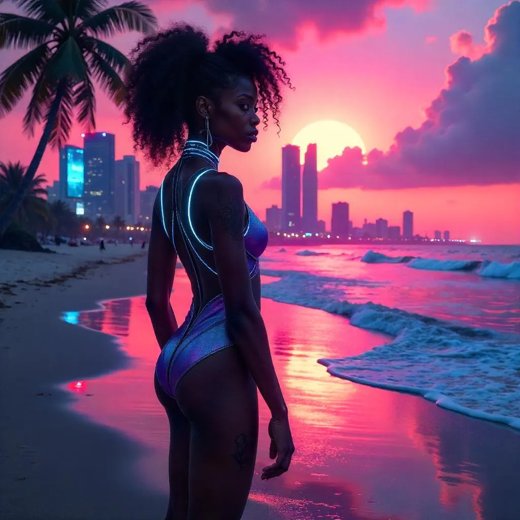 Neon Coastline: Cyberpunk Queen on Neon Beach