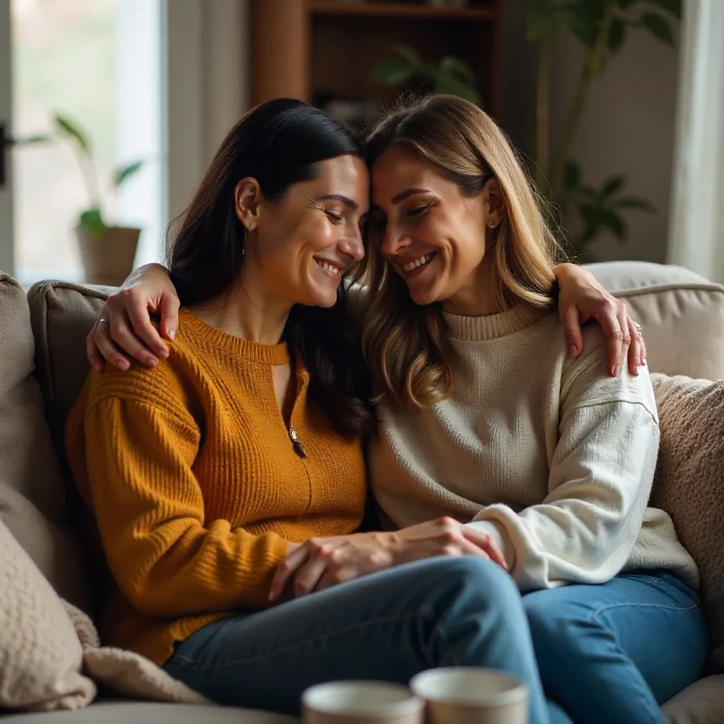 Comfort on a Couch: Two Women in a Supportive Embrace