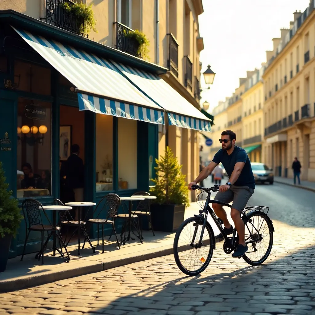 Cyclist by a Parisian Café on a Sunny Day
