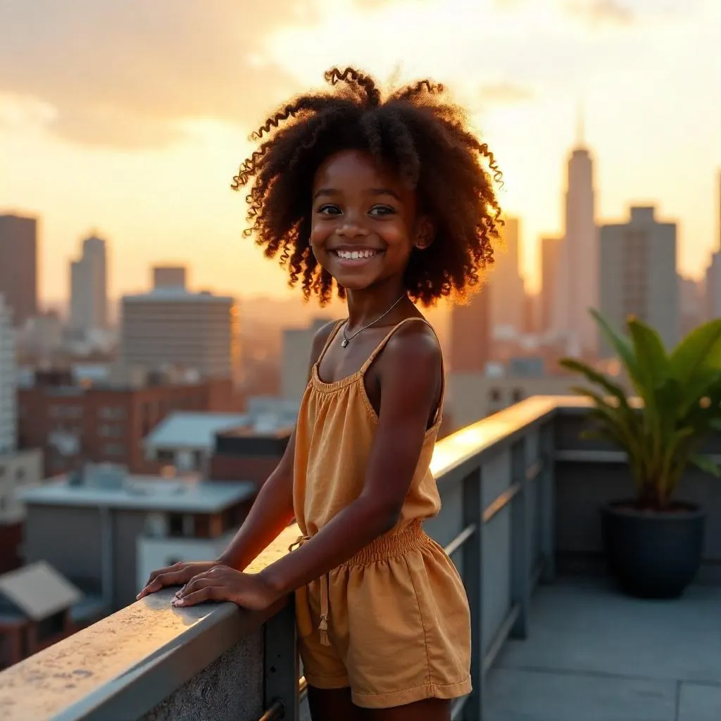 Cheerful Black Girl on a Rooftop (Photorealistic)