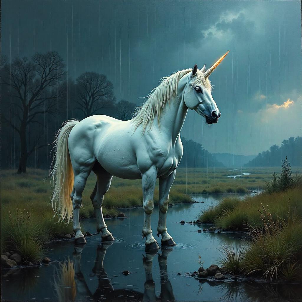 Unicorn in the Storm: An Oil Painting