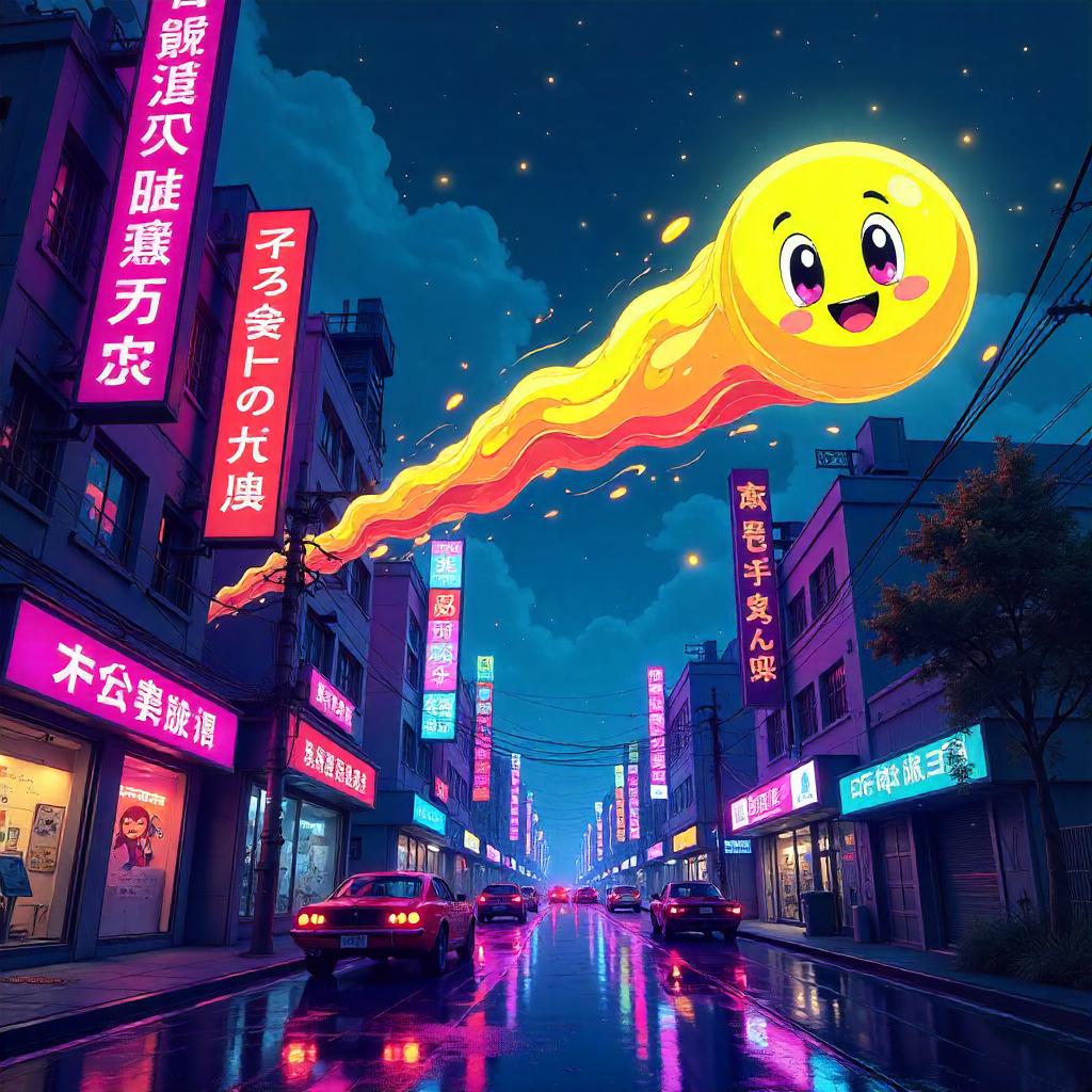 Comet over Neon Cyberpunk City (Cartoon Style)