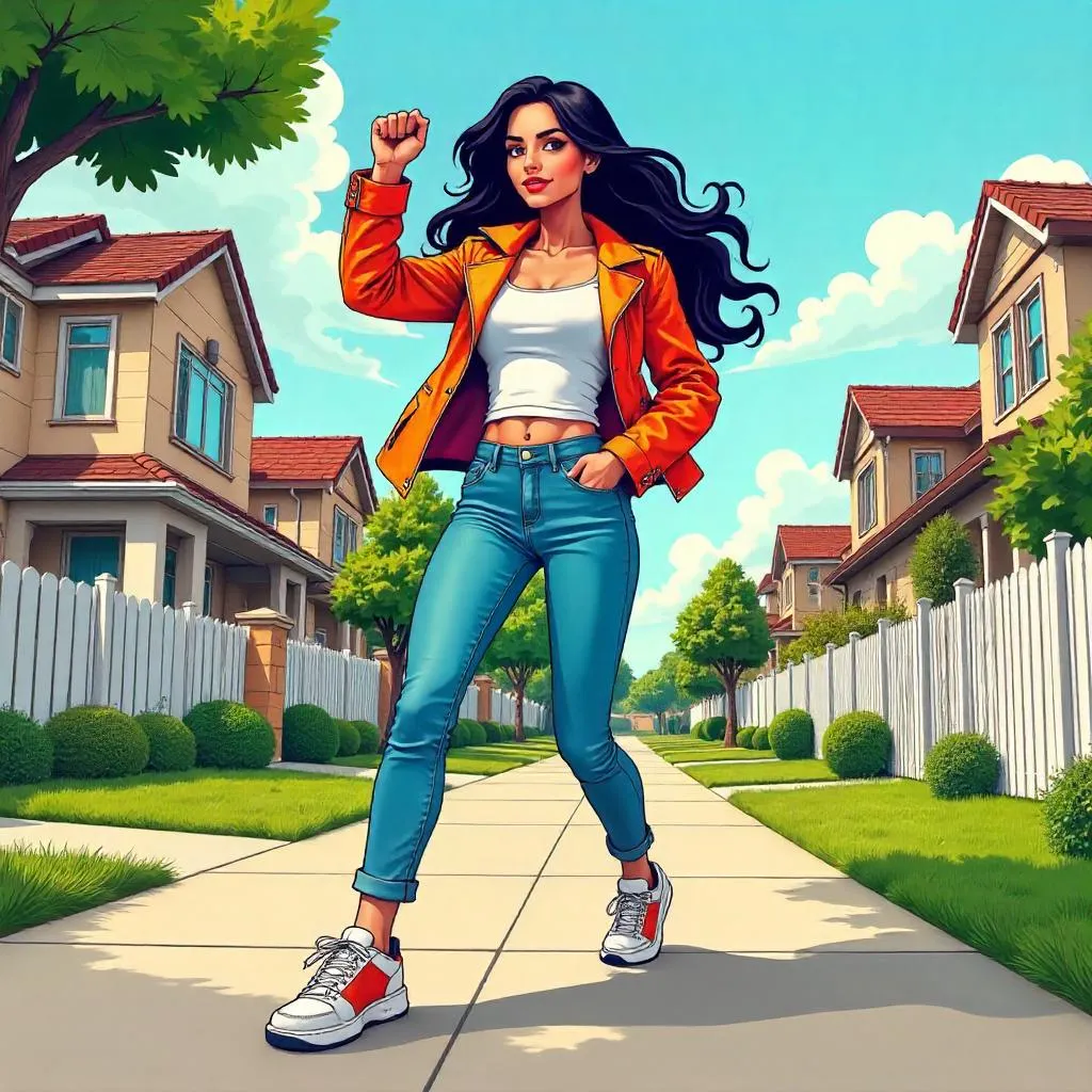 Young Middle Eastern Woman in Suburban Comic Scene