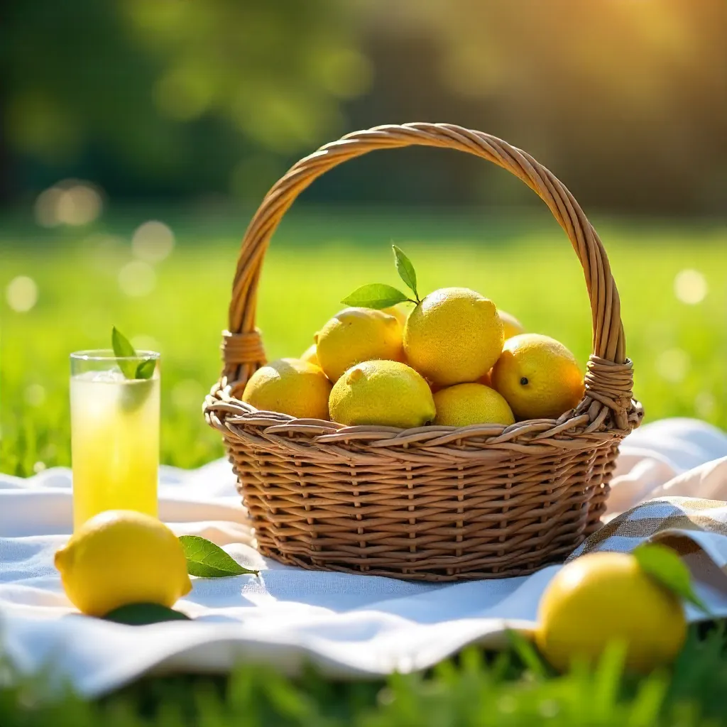 Sunny Basket of Lemons on White Picnic Blanket