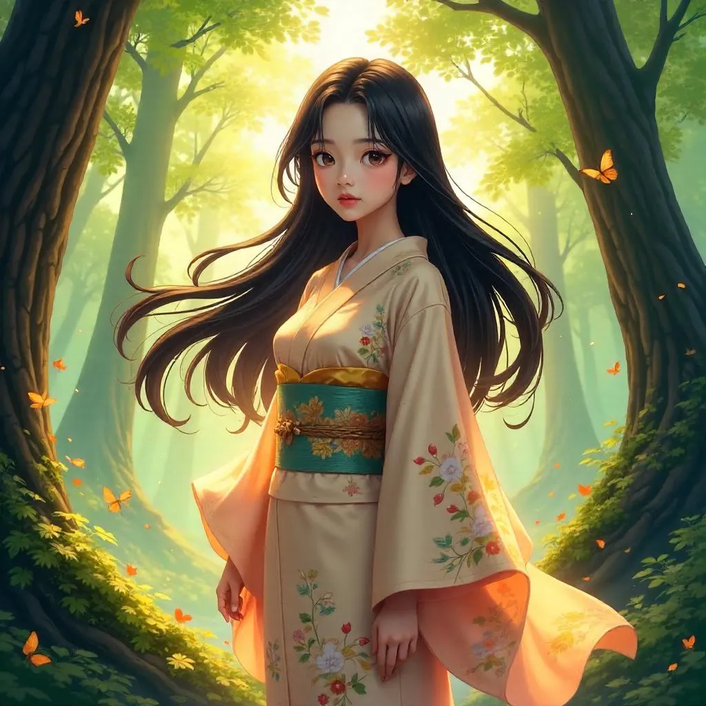 Forest Nymph: Anime Beauty Amid Sunlit Trees