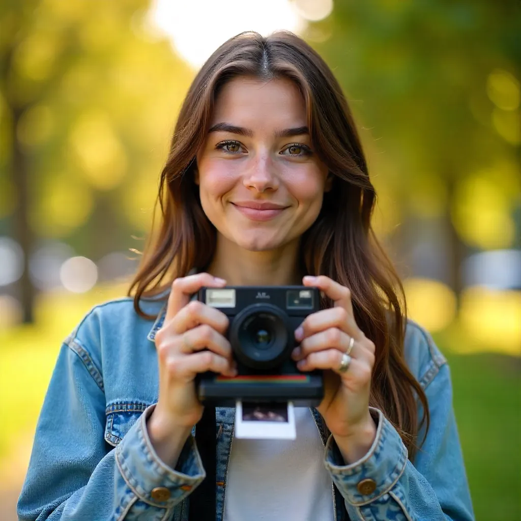Close-Up: Young Adult with Instant Camera Outdoors