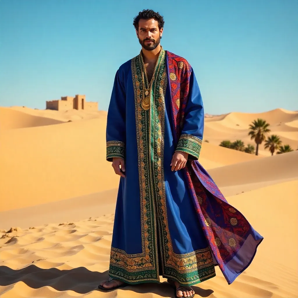 Man in Vibrant Moroccan Attire in Desert Dunes