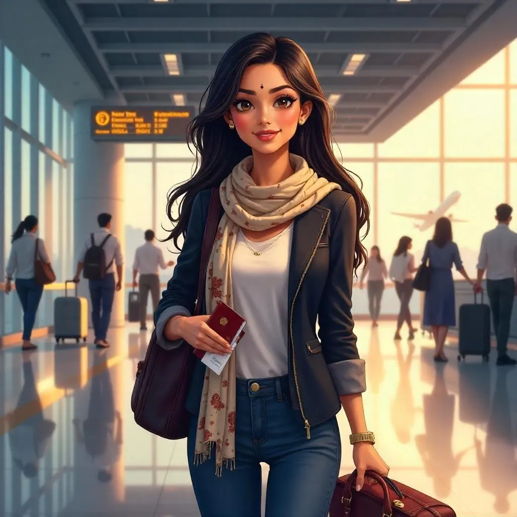 Elegant Indian Woman in Anime Style at the Airport