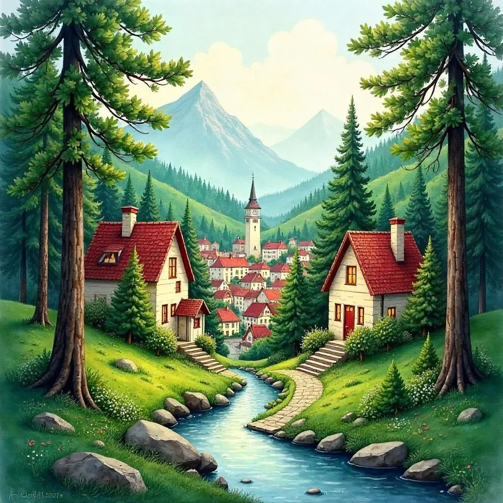 Watercolor City Nestled in a Pine Forest