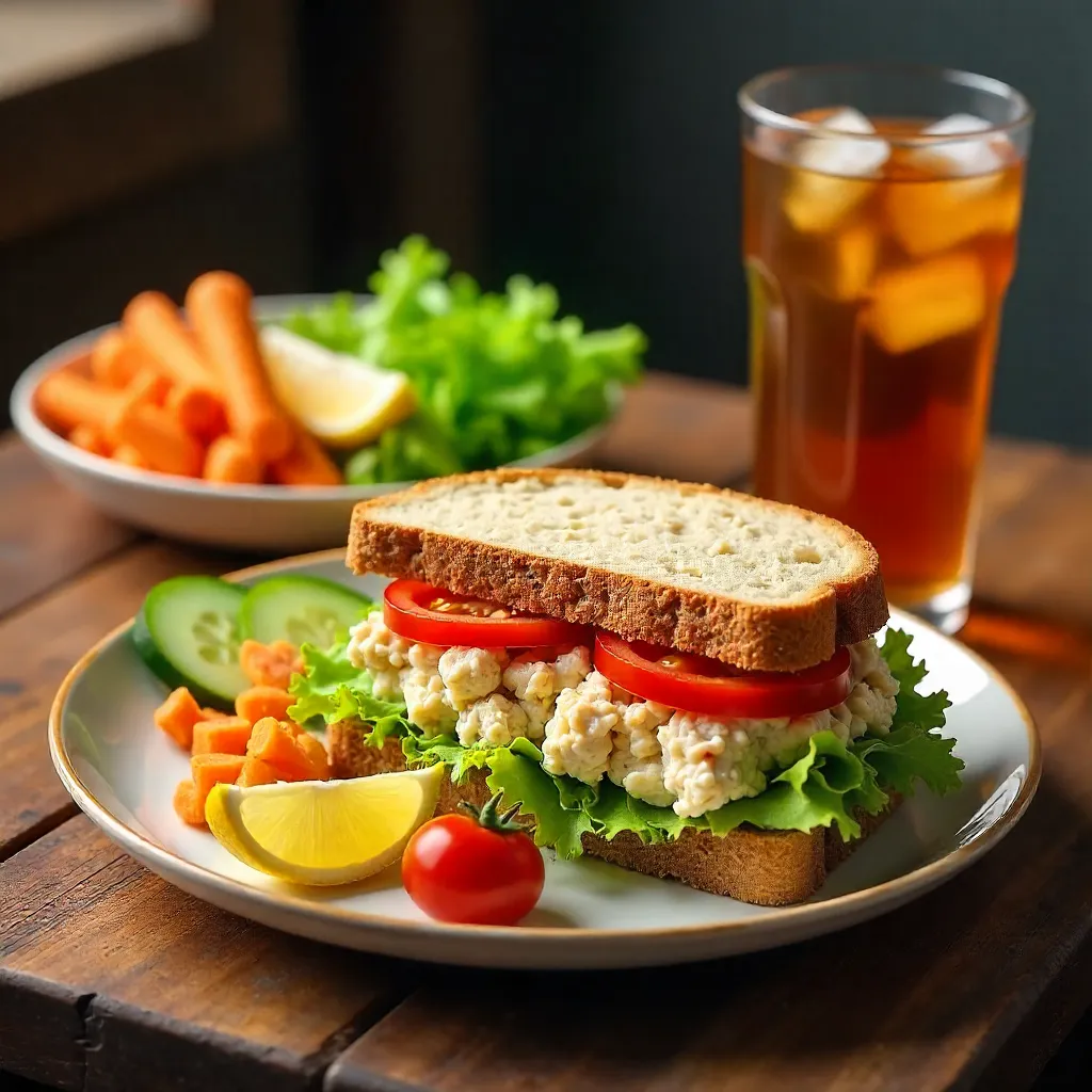 Rustic Tuna Sandwich Lunch with Fresh Veggies and Iced Tea