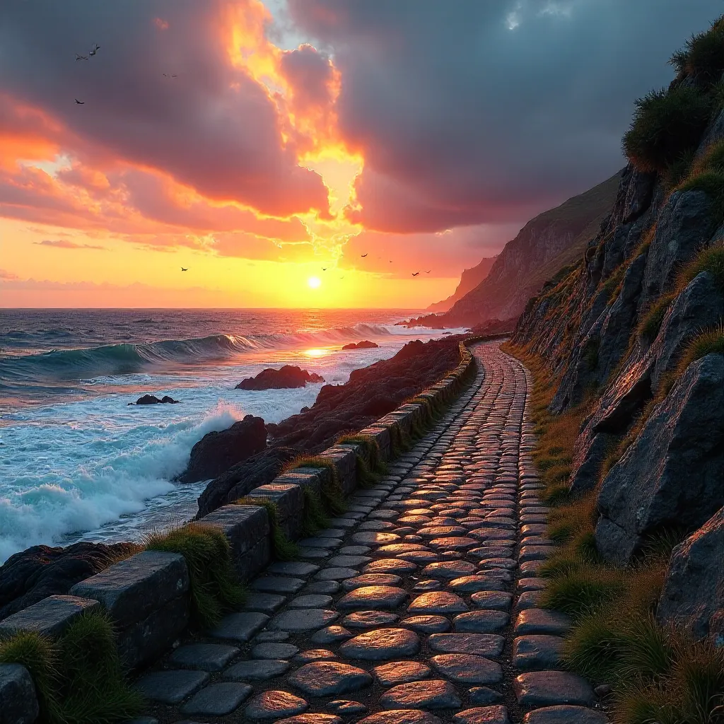 Sunset Coastal Path Toward the Rugged Ocean