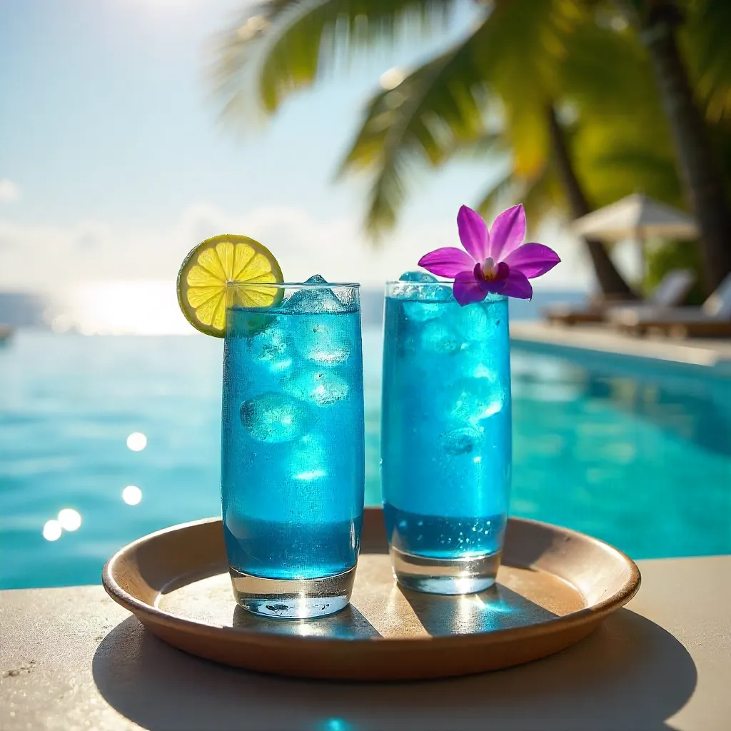 Two Blue Cocktails by a Sunlit Poolside