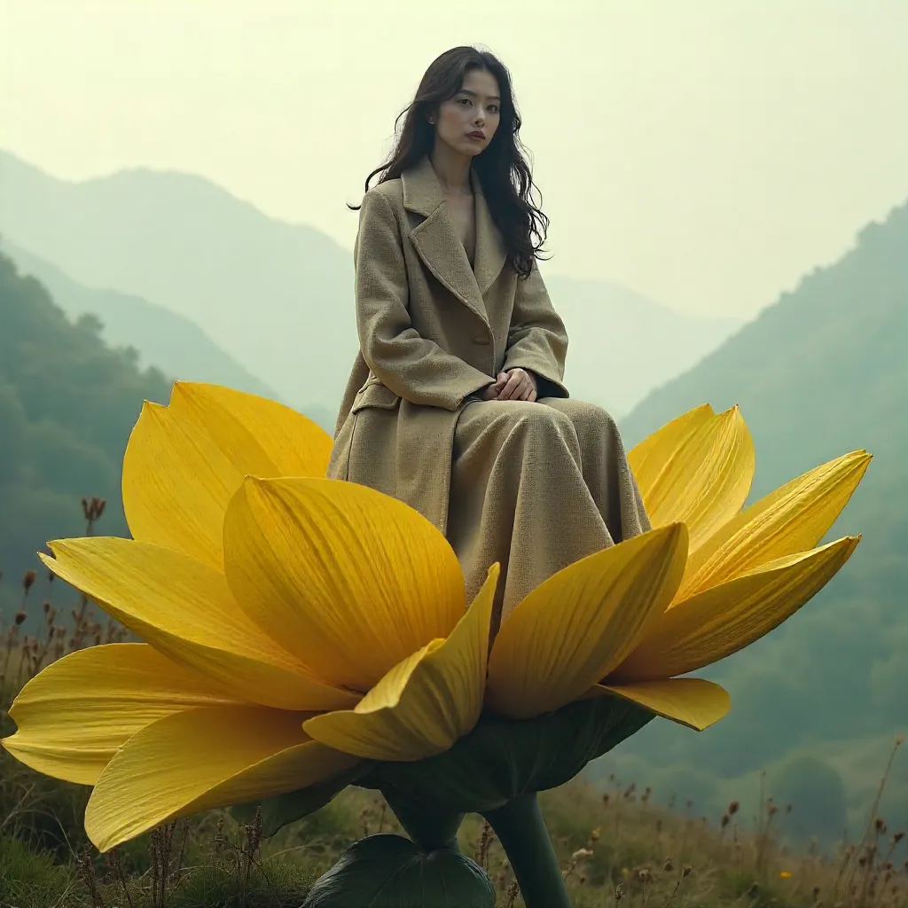 Young Woman on a Yellow Flower Sculpture in Fog