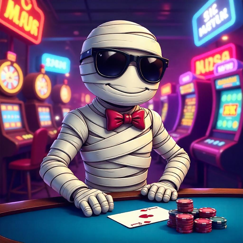 Cartoon Mummy Gambler in a Neon Casino